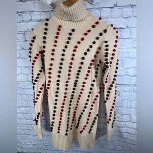 See By Chloe Cream Wool Silk Cashmere Polka Dot Pom Poms Turtleneck Sweater S